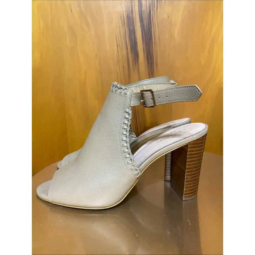 kate spade Cream Leather Peep-Toe Slingback 4” Heel Stacked Wood Block Gold